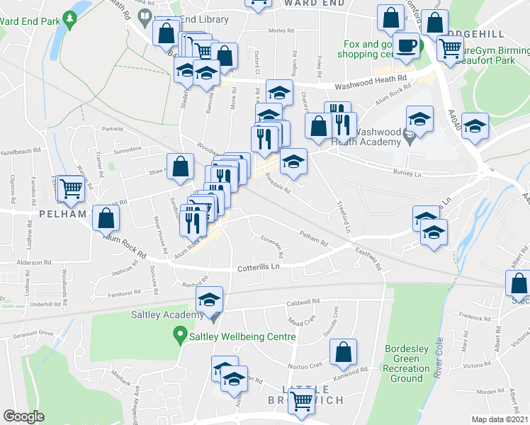 map of restaurants, bars, coffee shops, grocery stores, and more near 44 Pelham Road in West Midlands