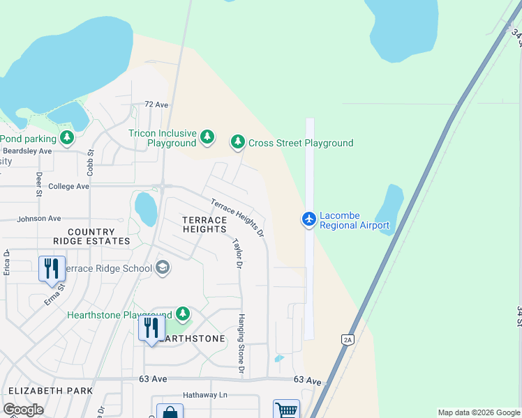 map of restaurants, bars, coffee shops, grocery stores, and more near 76 Terrace Heights Drive in Lacombe