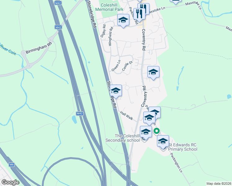 map of restaurants, bars, coffee shops, grocery stores, and more near 67 Stonebridge Road in Coleshill