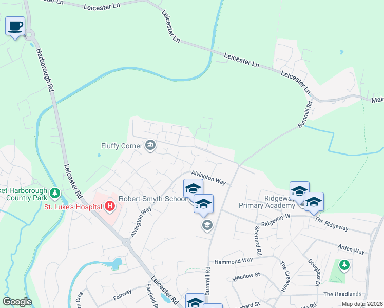 map of restaurants, bars, coffee shops, grocery stores, and more near Bates Close in Leicestershire