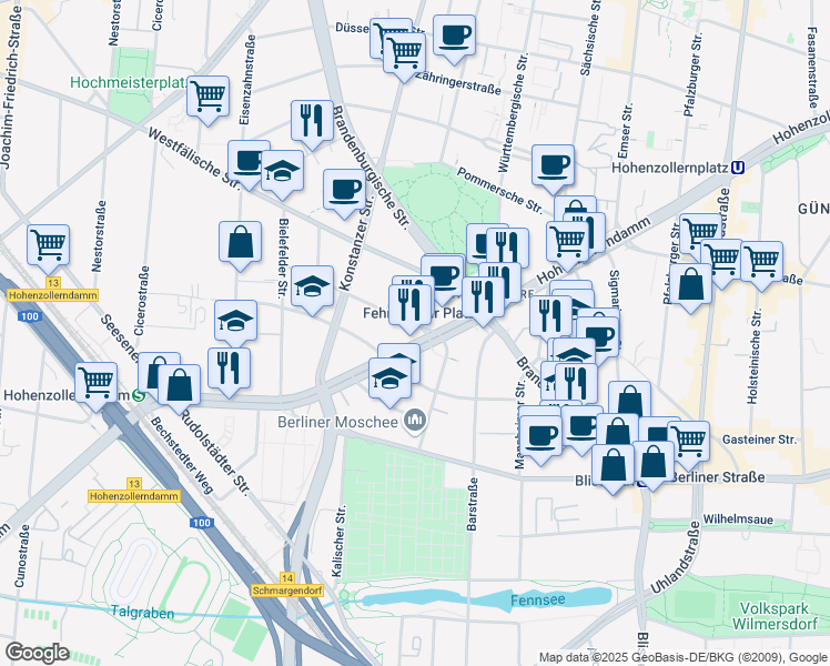 map of restaurants, bars, coffee shops, grocery stores, and more near 33 Hohenzollerndamm in Berlin