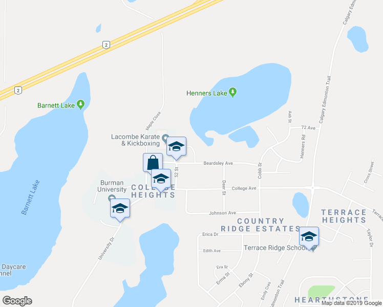 map of restaurants, bars, coffee shops, grocery stores, and more near 15 Beardsley Crescent in Lacombe