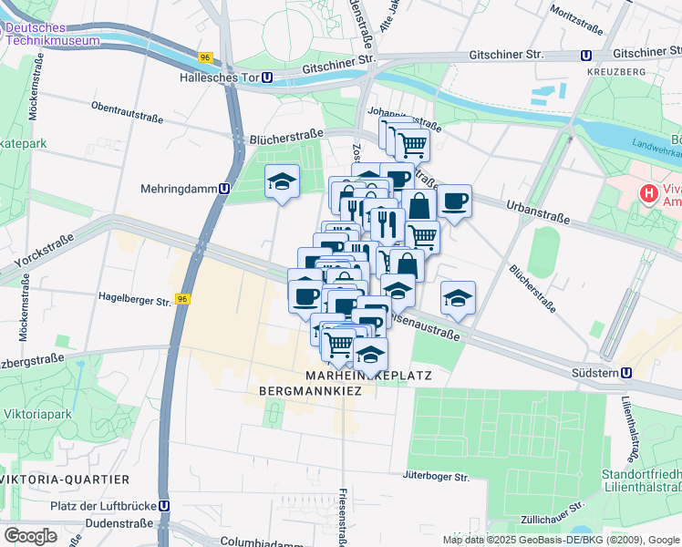 map of restaurants, bars, coffee shops, grocery stores, and more near 13 Zossener Straße in Berlin