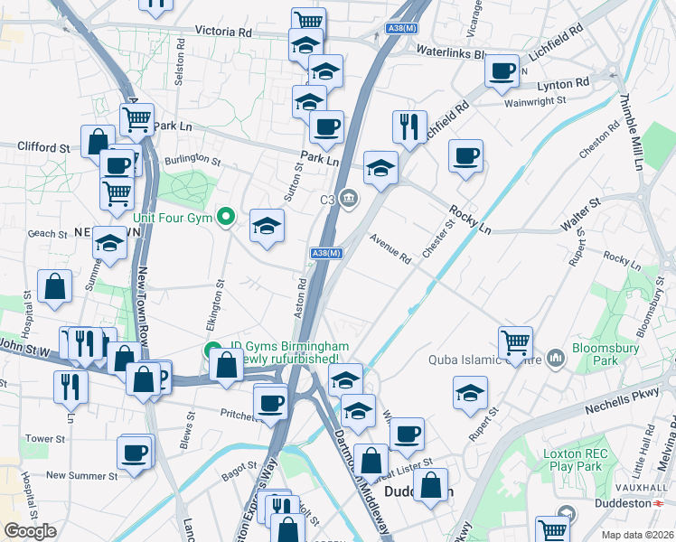 map of restaurants, bars, coffee shops, grocery stores, and more near in Birmingham