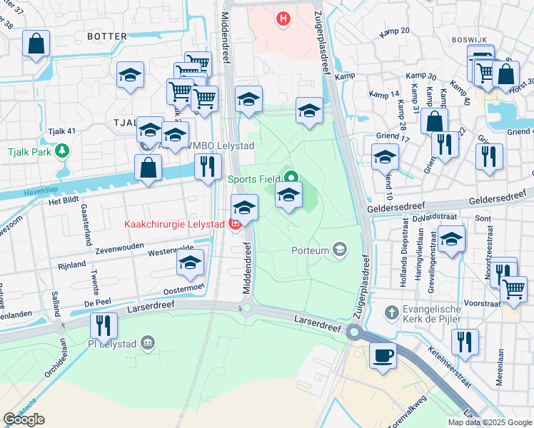 map of restaurants, bars, coffee shops, grocery stores, and more near in Lelystad