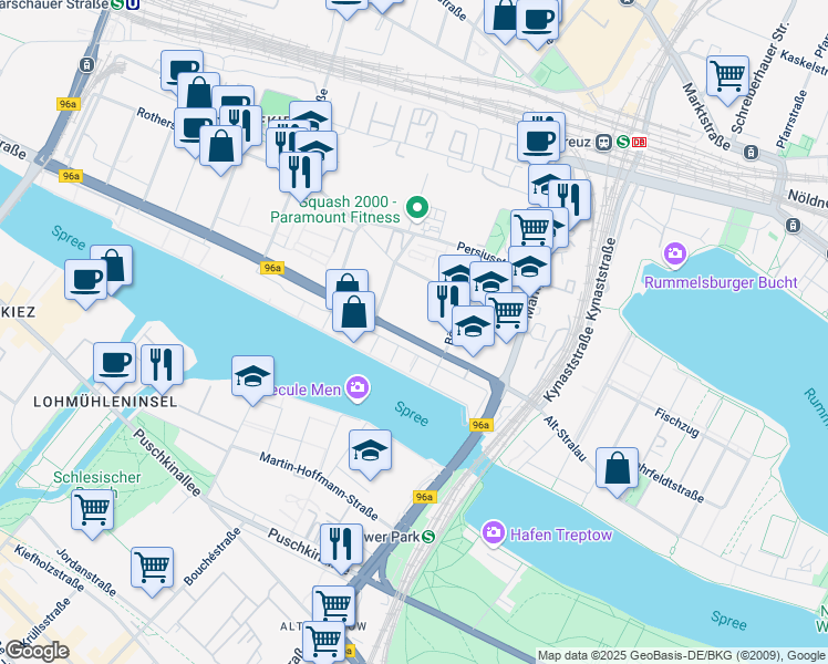 map of restaurants, bars, coffee shops, grocery stores, and more near 20E Stralauer Allee in Berlin