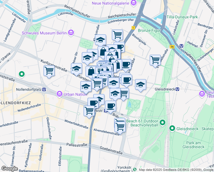map of restaurants, bars, coffee shops, grocery stores, and more near 28 Kurfürstenstraße in Berlin