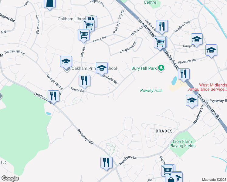 map of restaurants, bars, coffee shops, grocery stores, and more near Tower Road in Tividale