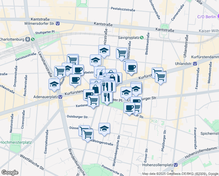 map of restaurants, bars, coffee shops, grocery stores, and more near 185 Kurfürstendamm in Berlin