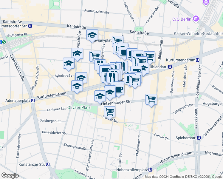 map of restaurants, bars, coffee shops, grocery stores, and more near 195 Kurfürstendamm in Berlin