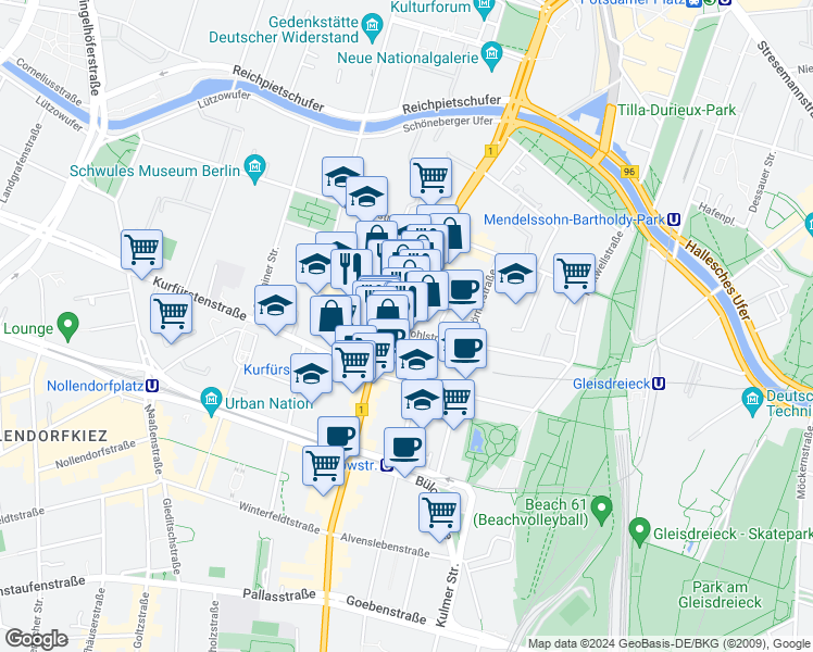 map of restaurants, bars, coffee shops, grocery stores, and more near 52 Pohlstraße in Berlin