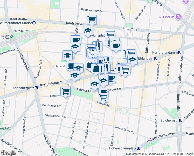 map of restaurants, bars, coffee shops, grocery stores, and more near 190-192 Kurfürstendamm in Berlin