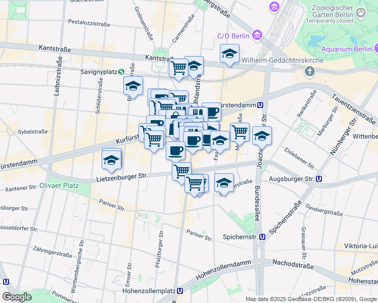 map of restaurants, bars, coffee shops, grocery stores, and more near 30 Uhlandstraße in Berlin