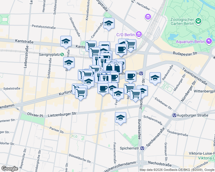 map of restaurants, bars, coffee shops, grocery stores, and more near 213 Kurfürstendamm in Berlin