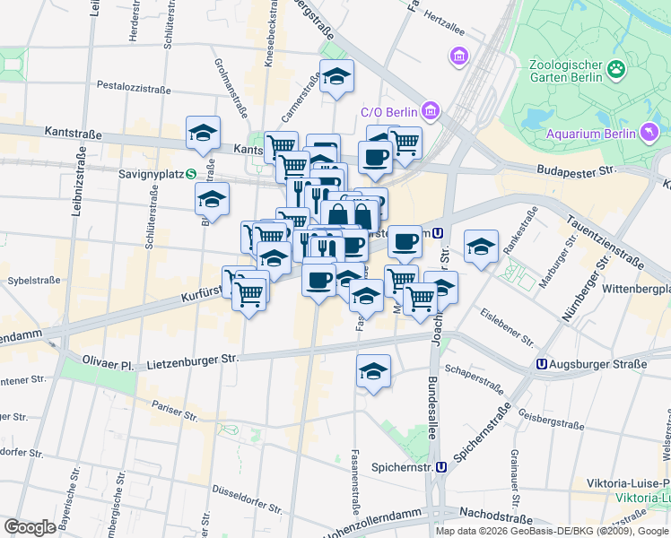 map of restaurants, bars, coffee shops, grocery stores, and more near 213 Kurfürstendamm in Berlin