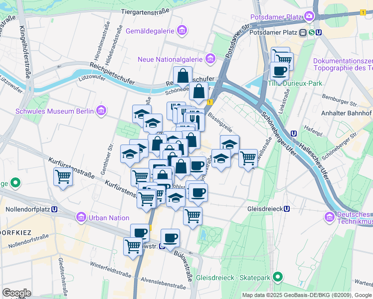 map of restaurants, bars, coffee shops, grocery stores, and more near 75 Potsdamer Straße in Berlin