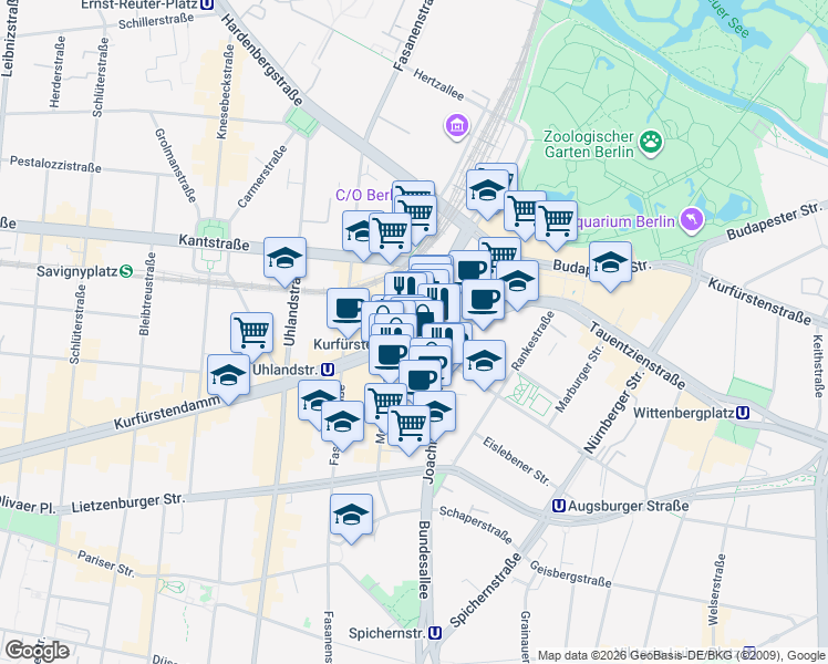 map of restaurants, bars, coffee shops, grocery stores, and more near 22 Kurfürstendamm in Berlin