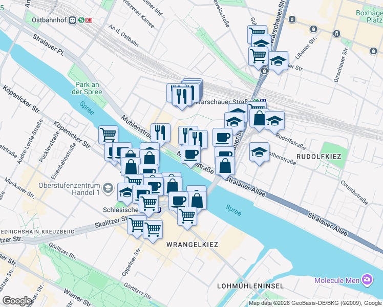 map of restaurants, bars, coffee shops, grocery stores, and more near 11 Mühlenstraße in Berlin