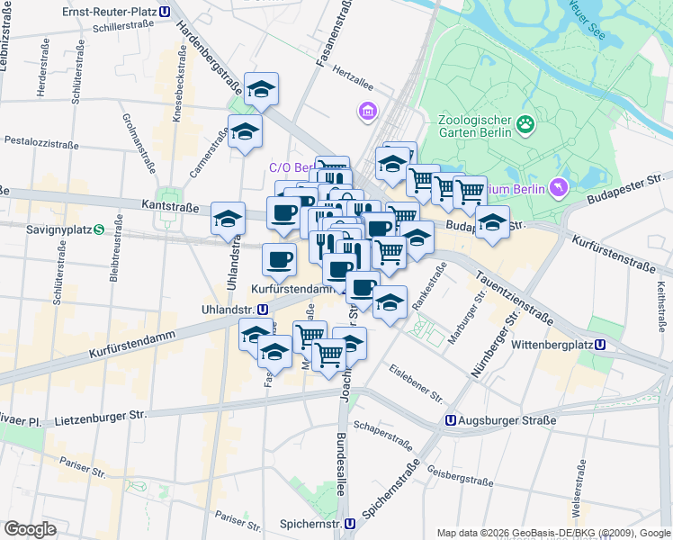 map of restaurants, bars, coffee shops, grocery stores, and more near 22 Kurfürstendamm in Berlin