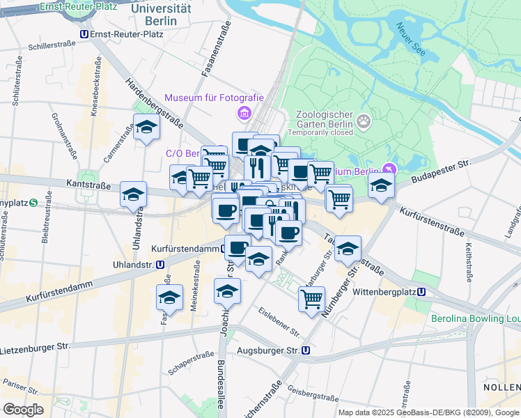 map of restaurants, bars, coffee shops, grocery stores, and more near 165 Kantstraße in Berlin