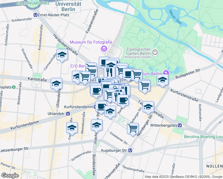 map of restaurants, bars, coffee shops, grocery stores, and more near 165 Kantstraße in Berlin