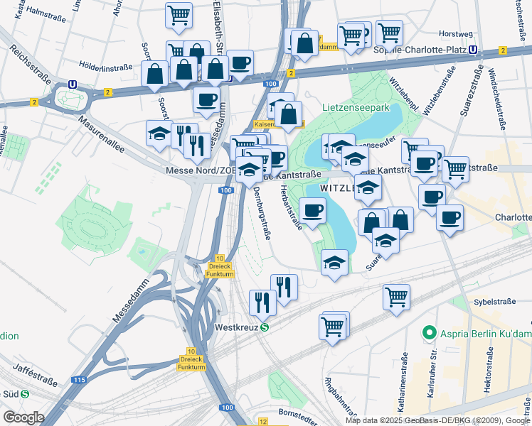 map of restaurants, bars, coffee shops, grocery stores, and more near 50 Dernburgstraße in Berlin
