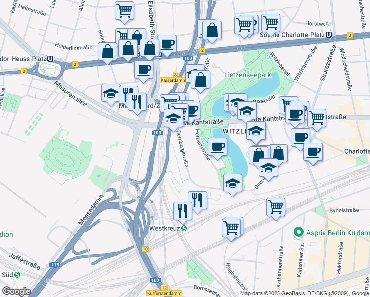 map of restaurants, bars, coffee shops, grocery stores, and more near 50 Dernburgstraße in Berlin