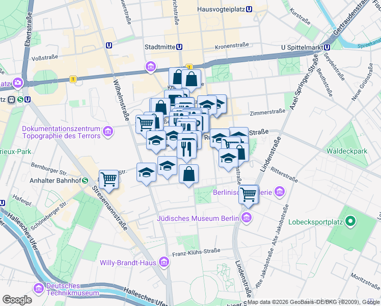 map of restaurants, bars, coffee shops, grocery stores, and more near 40 Friedrichstraße in Berlin