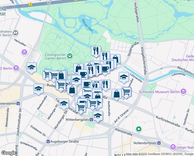 map of restaurants, bars, coffee shops, grocery stores, and more near 25 Budapester Straße in Berlin
