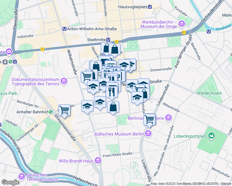 map of restaurants, bars, coffee shops, grocery stores, and more near 40 Friedrichstraße in Berlin