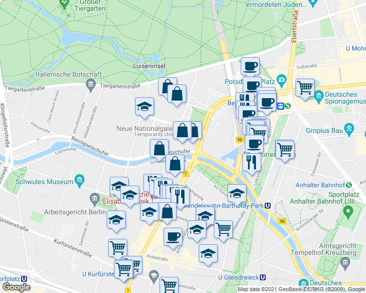 map of restaurants, bars, coffee shops, grocery stores, and more near 50 Potsdamer Straße in Berlin