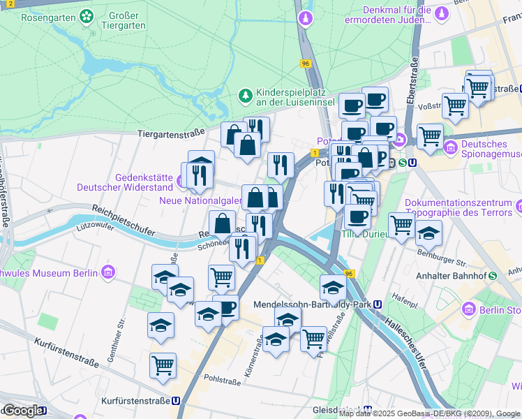map of restaurants, bars, coffee shops, grocery stores, and more near 50 Potsdamer Straße in Berlin