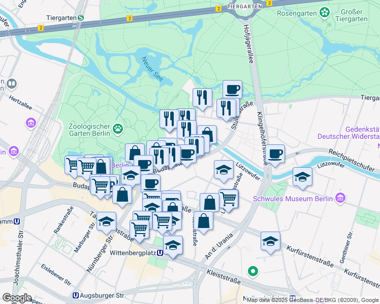 map of restaurants, bars, coffee shops, grocery stores, and more near 2 Budapester Straße in Berlin
