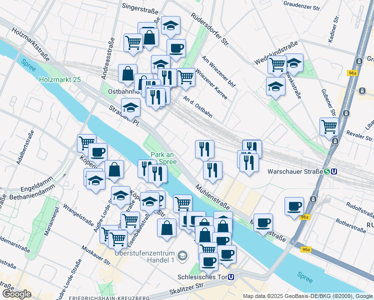map of restaurants, bars, coffee shops, grocery stores, and more near 17 Am Postbahnhof in Berlin