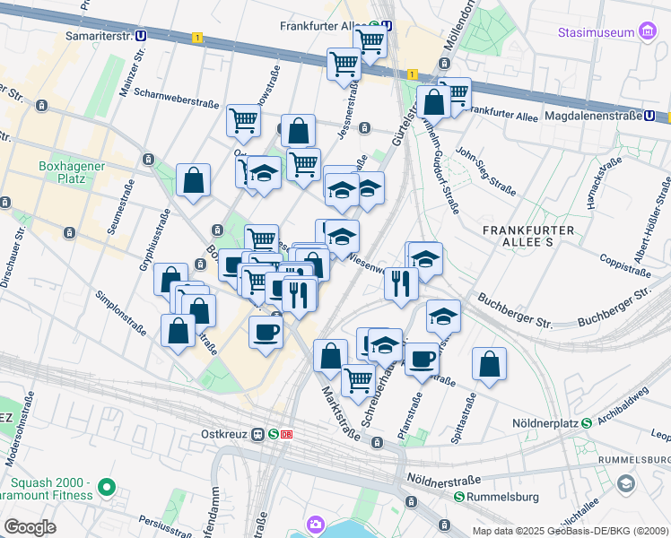 map of restaurants, bars, coffee shops, grocery stores, and more near 25 Gürtelstraße in Berlin