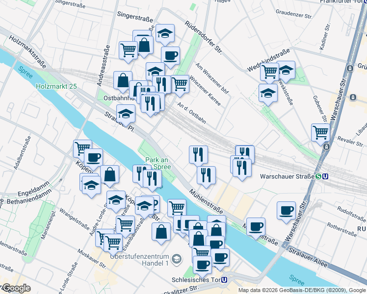 map of restaurants, bars, coffee shops, grocery stores, and more near 17 Am Postbahnhof in Berlin