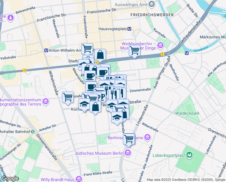 map of restaurants, bars, coffee shops, grocery stores, and more near 67 Zimmerstraße in Berlin