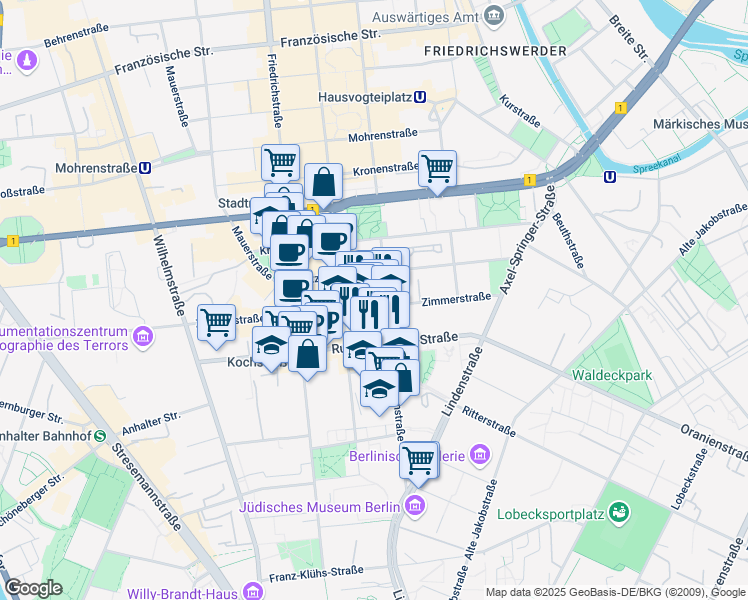 map of restaurants, bars, coffee shops, grocery stores, and more near 68 Zimmerstraße in Berlin