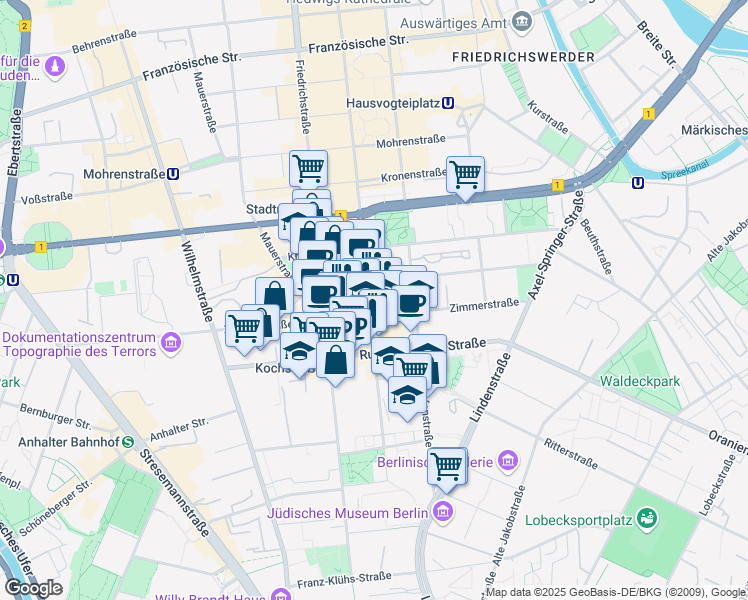 map of restaurants, bars, coffee shops, grocery stores, and more near 16 Charlottenstraße in Berlin