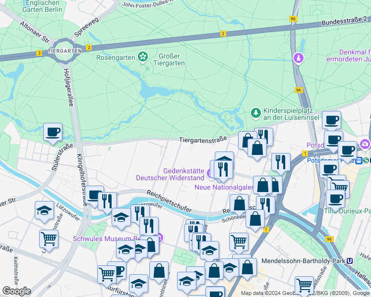 map of restaurants, bars, coffee shops, grocery stores, and more near 19-21 Tiergartenstraße in Berlin