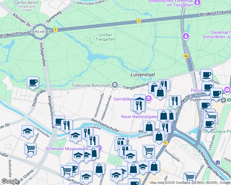 map of restaurants, bars, coffee shops, grocery stores, and more near 19-21 Tiergartenstraße in Berlin