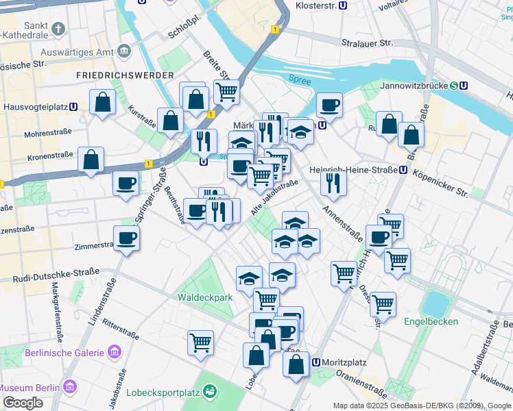 map of restaurants, bars, coffee shops, grocery stores, and more near 85-86 Alte Jakobstraße in Berlin
