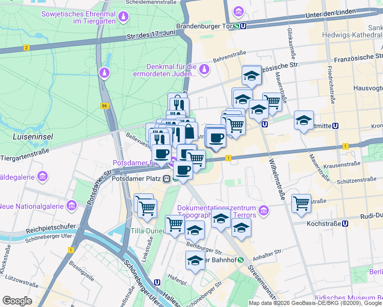map of restaurants, bars, coffee shops, grocery stores, and more near 18 Leipziger Platz in Berlin