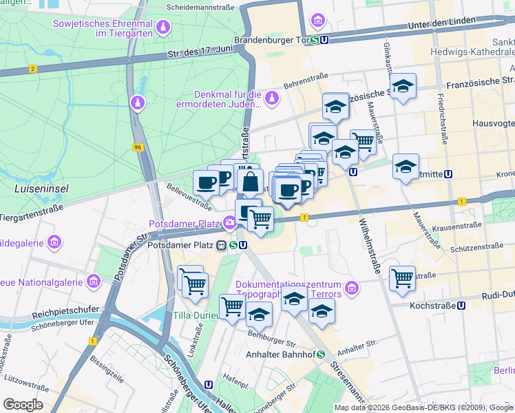 map of restaurants, bars, coffee shops, grocery stores, and more near 18 Leipziger Platz in Berlin