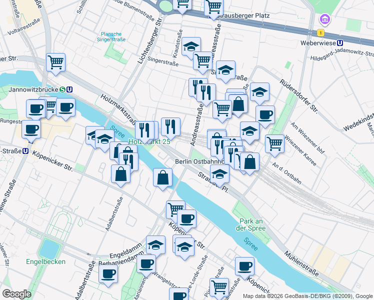 map of restaurants, bars, coffee shops, grocery stores, and more near 76 Andreasstraße in Berlin