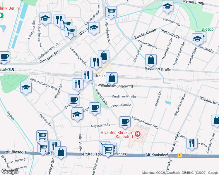 map of restaurants, bars, coffee shops, grocery stores, and more near 24 Wilhelmsmühlenweg in Berlin