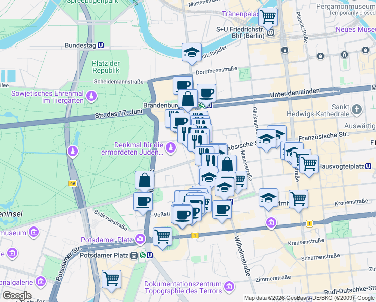 map of restaurants, bars, coffee shops, grocery stores, and more near 2 Cora-Berliner-Straße in Berlin