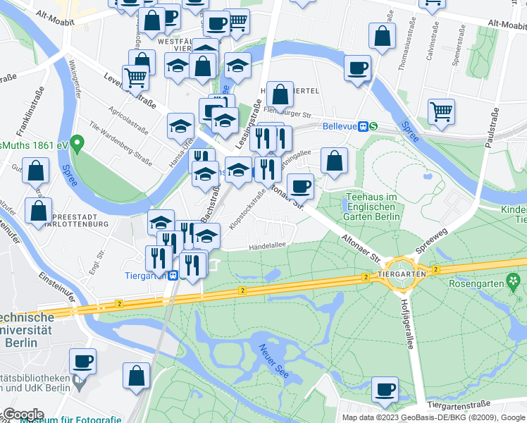 map of restaurants, bars, coffee shops, grocery stores, and more near 30 Klopstockstraße in Berlin