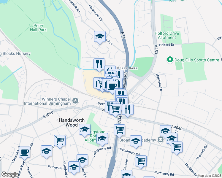map of restaurants, bars, coffee shops, grocery stores, and more near in West Midlands