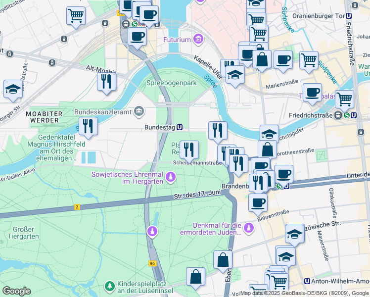 map of restaurants, bars, coffee shops, grocery stores, and more near Platz der Republik in Berlin